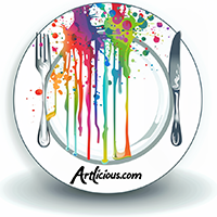 Artlicious.com website logo featuring a plate with paint spilled on it and a fork on one side and a knife on the other.